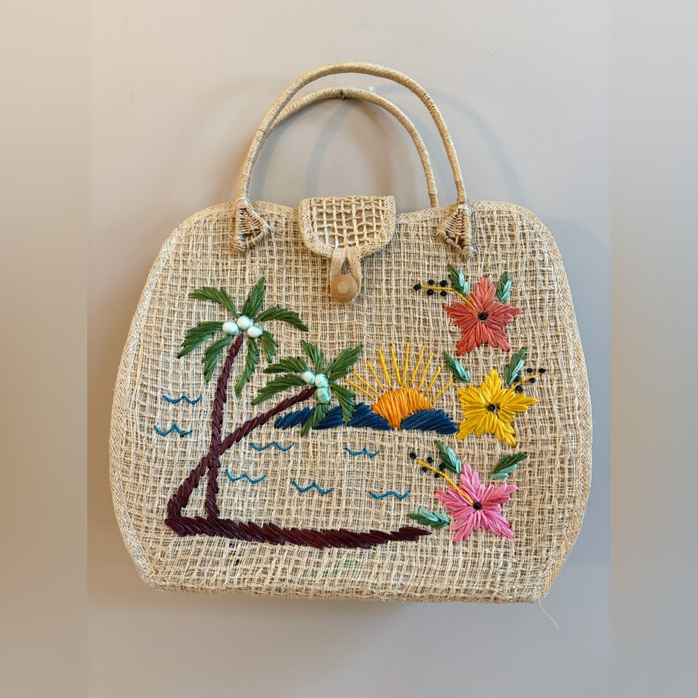 Vintage Woven Embroidered Tropical Floral Palm Tree Handbag Purse Tote Beachy